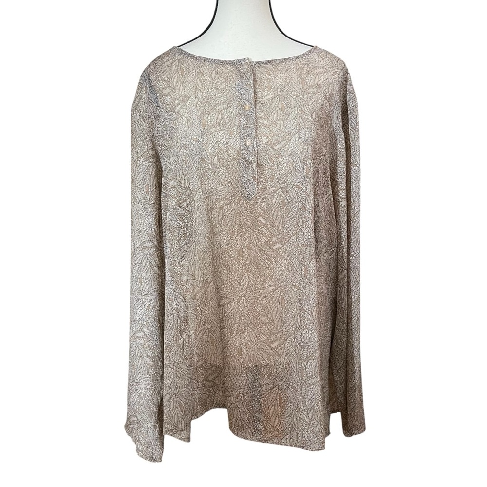 Apostrophe Sheer Layering Leaf Pattern Half Button Blouse in Brown &‎ Tan 24W - Picture 3 of 8